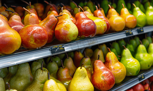 水果货架摄影照片_超市或杂货店货架上色彩鲜艳、闪闪发亮的新鲜水果梨