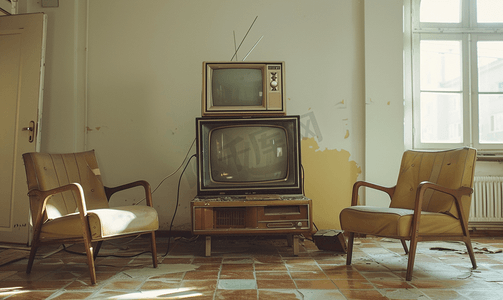 地板上的旧电视机和两把老式椅子