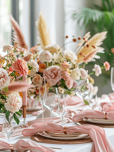 爱情装饰摄影照片_用鲜花和粉色餐巾装饰的餐桌