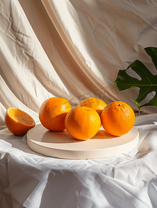 讲台上摄影照片_闪亮的白色圆形底座讲台上的橙色水果