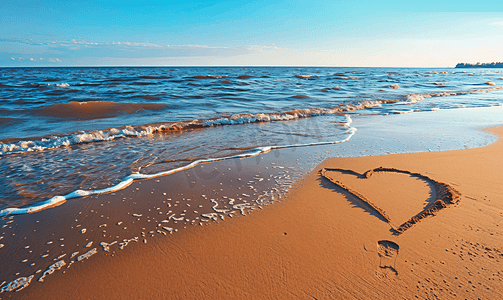 沙滩背景摄影照片_波罗的海海滩的沙滩上画着美丽的心形还有水波
