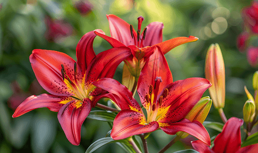 邀请好友字摄影照片_夏季红色勃艮第百合花在花园中盛开
