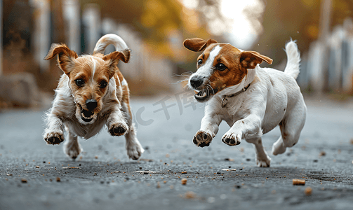 跑步小狗摄影照片_狗在外面玩耍宠物打架狗在沥青上奔跑