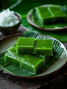 耐摄影照片_绿色布丁蛋糕由椰子和香兰叶制成香甜耐嚼放在盘子上