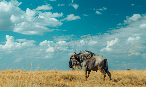 蓝色角马或斑纹牛羚吃草