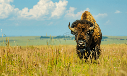 西牛摄影照片_令人惊叹的野牛穿过南达科他州高高的草丛