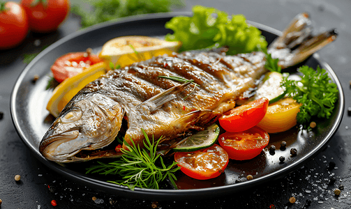定食套餐摄影照片_烤鱼和新鲜蔬菜包裹的晚餐套餐