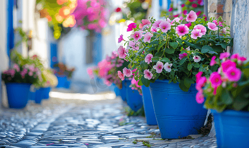 小房子房子摄影照片_街道装饰花卉景观设计蓝色小花盆外