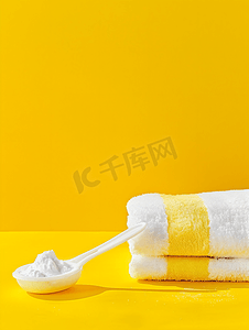 黄色背景中塑料勺和布中的洗衣粉