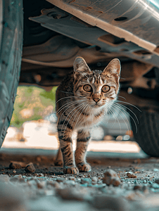 流浪猫摄影照片_猫在车下猫在车下跑住在街上
