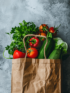 抗疫口号摄影照片_工艺购物袋中的新鲜有机蔬菜