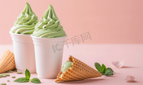 两份软冰淇淋甜筒搭配优质抹茶