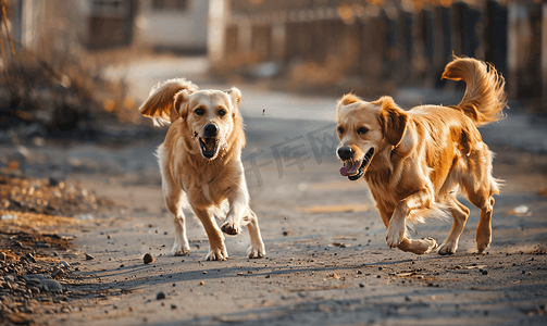 跑步小狗摄影照片_狗在外面玩耍宠物打架狗在沥青上奔跑