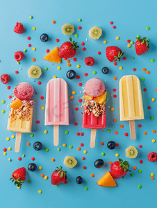 水果味冰淇淋摄影照片_蓝色背景中冰棒冰淇淋形式的水果味慕斯甜点