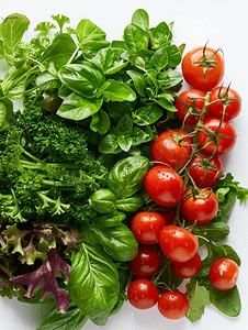 绿色蔬菜秋葵摄影照片_白色背景中的一组新鲜蔬菜和香草