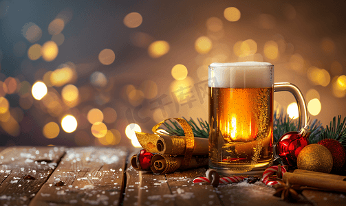 木桌上放着一杯啤酒上面有圣诞装饰