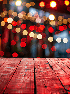 顶部的桌子与音乐会模糊背景红色木桌上的光线散景
