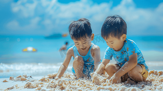 海边玩沙子捡贝壳的儿童8