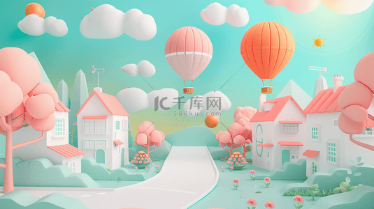 六一素材背景图片_六一粉色梦幻花朵热气球小屋电商展台素材