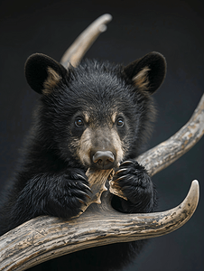黑色的熊摄影照片_咀嚼鹿角的黑熊幼崽