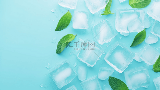 夏日展架格子背景图片_清新夏日凉爽透明冰块和薄荷叶设计