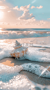 夏日海边背景背景图片_夏日海景海滩波浪上的海螺背景图片