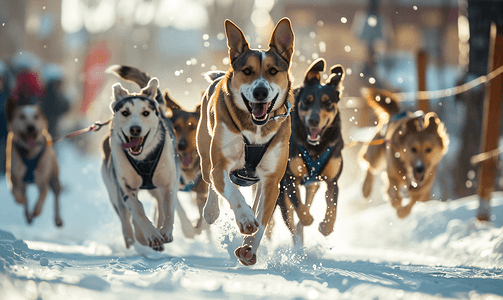 参加雪橇犬比赛的指针犬