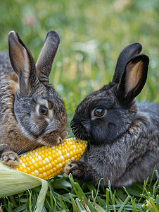 中秋浮雕兔子摄影照片_吃玉米穗特写的灰色和黑色小兔子