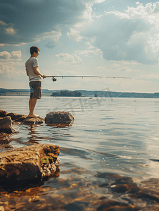 暑假暑假摄影照片_年轻人在湖上用竿钓鱼旅行生活方式概念暑假
