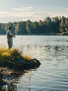 年轻人在湖上用竿钓鱼旅行生活方式概念暑假