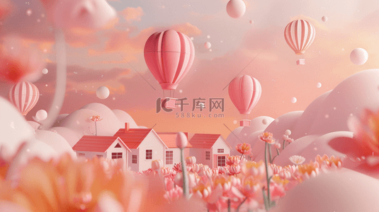 梦幻六一背景图片_六一粉色梦幻花朵热气球小木屋电商展台设计