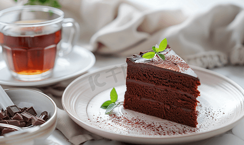 巧克力布丁蛋糕放在盘子里配上一杯热茶