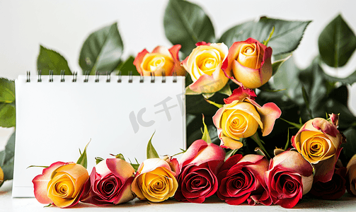 台历白模摄影照片_空白台历和新鲜的红色和黄色玫瑰