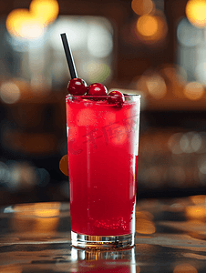红色果汁摄影照片_餐厅里特写的一杯色彩缤纷的新鲜红蔓越莓汁