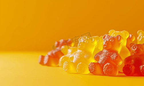 黄色背景中的小熊软糖果冻糖果特写
