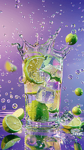 紫色夏日背景图片_夏日冷饮一杯冰块柠檬汽水设计