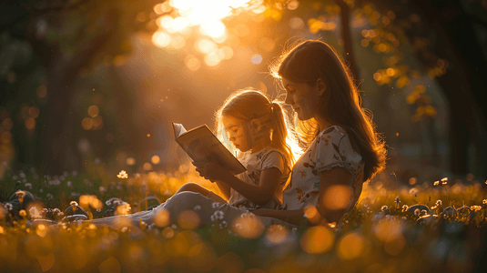 孩童和龙摄影照片_草坪上和妈妈一起看书的儿童1