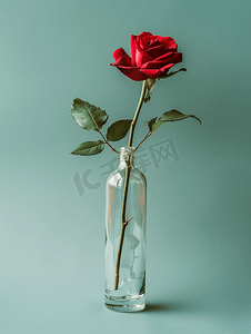 红色玫瑰背景摄影照片_绿色背景中瓶中的白色和红色玫瑰