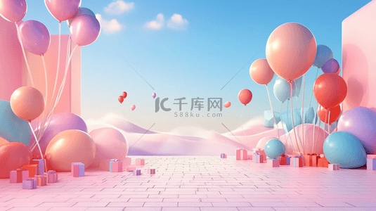 梦幻可爱粉色背景图片_六一儿童节促销场景粉彩气球礼物盒素材