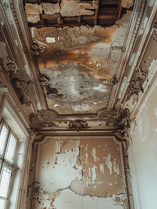 脏的污渍摄影照片_老房子的天花板被水损坏了水损坏建筑物内部