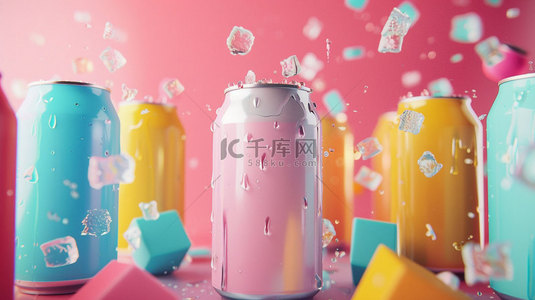 弹珠汽水背景图片_易拉罐汽水冰块合成创意素材背景