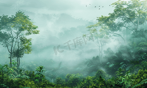 繁茂的树木摄影照片_森林中的晨雾热带森林中美丽的风景画草地