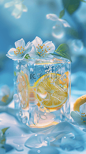 柠檬的夏天背景图片_夏日清新可爱冰块里的柠檬花朵6背景素材