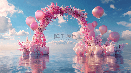 卡通粉色设计背景图片_六一水面上粉色卡通3D花朵气球拱门1设计