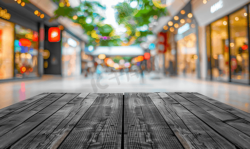 木桌与购物中心彩色玻璃模糊背景