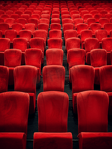 红色百分之50英文字母摄影照片_大厅里有一排红色的座位