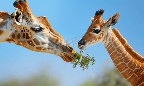 红色小五角星摄影照片_长颈鹿正在吃树枝前景是红羚羊