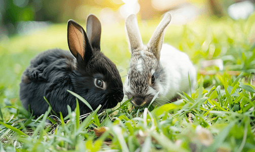 可爱兔子耳朵摄影照片_灰色和黑色的小兔子吃草特写