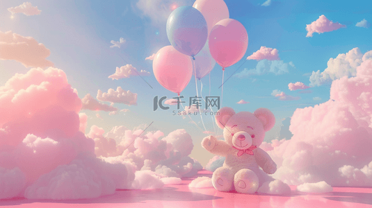 3D素材背景图片_六一儿童节蓝粉色玩偶小熊白云气球1素材