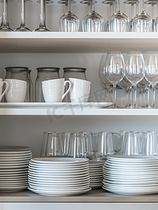 厨房柜子架子上的一套盘子、杯子和酒杯